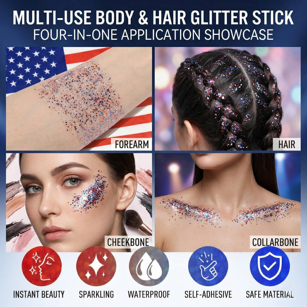 UCANBE stick applied on cheek creating a swift, bold sparkle ideal for quick touch-ups