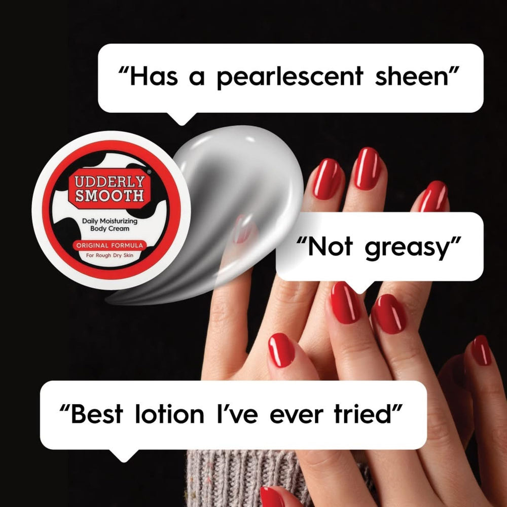 Udderly Smooth body cream jar opened to show creamy non-greasy texture