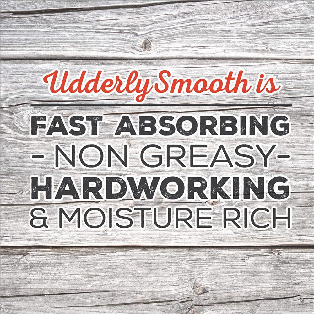 Udderly Smooth jar open showing creamy texture and quick absorption