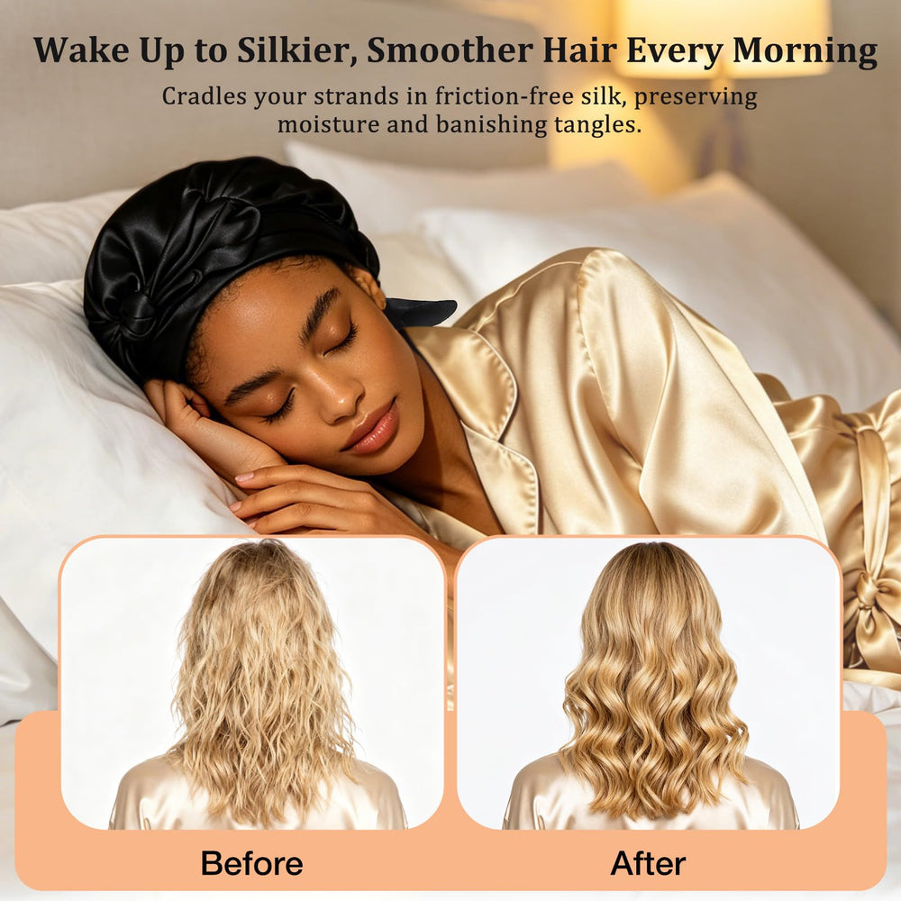 Udefineit model sleeping with wrap cap demonstrating overnight frizz control