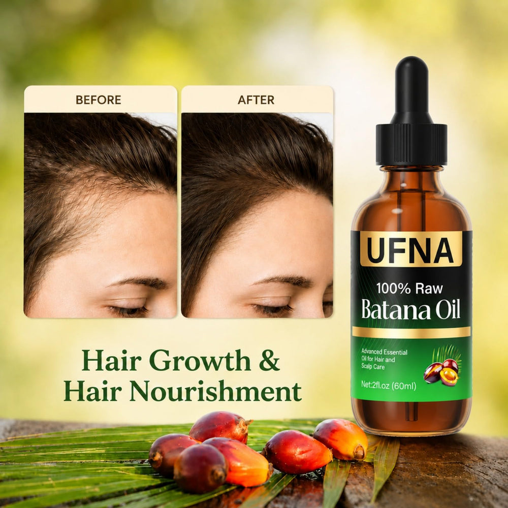 close-up of UFNA Batana oil texture demonstrating lightweight, shiny finish