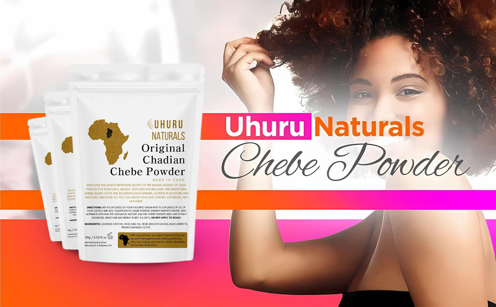 Uhuru Naturals ChadianChebe in a bathroom styling scene showing real-life routine benefit