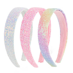 Uintoon front view of three glitter headbands showing colors and sparkle benefits