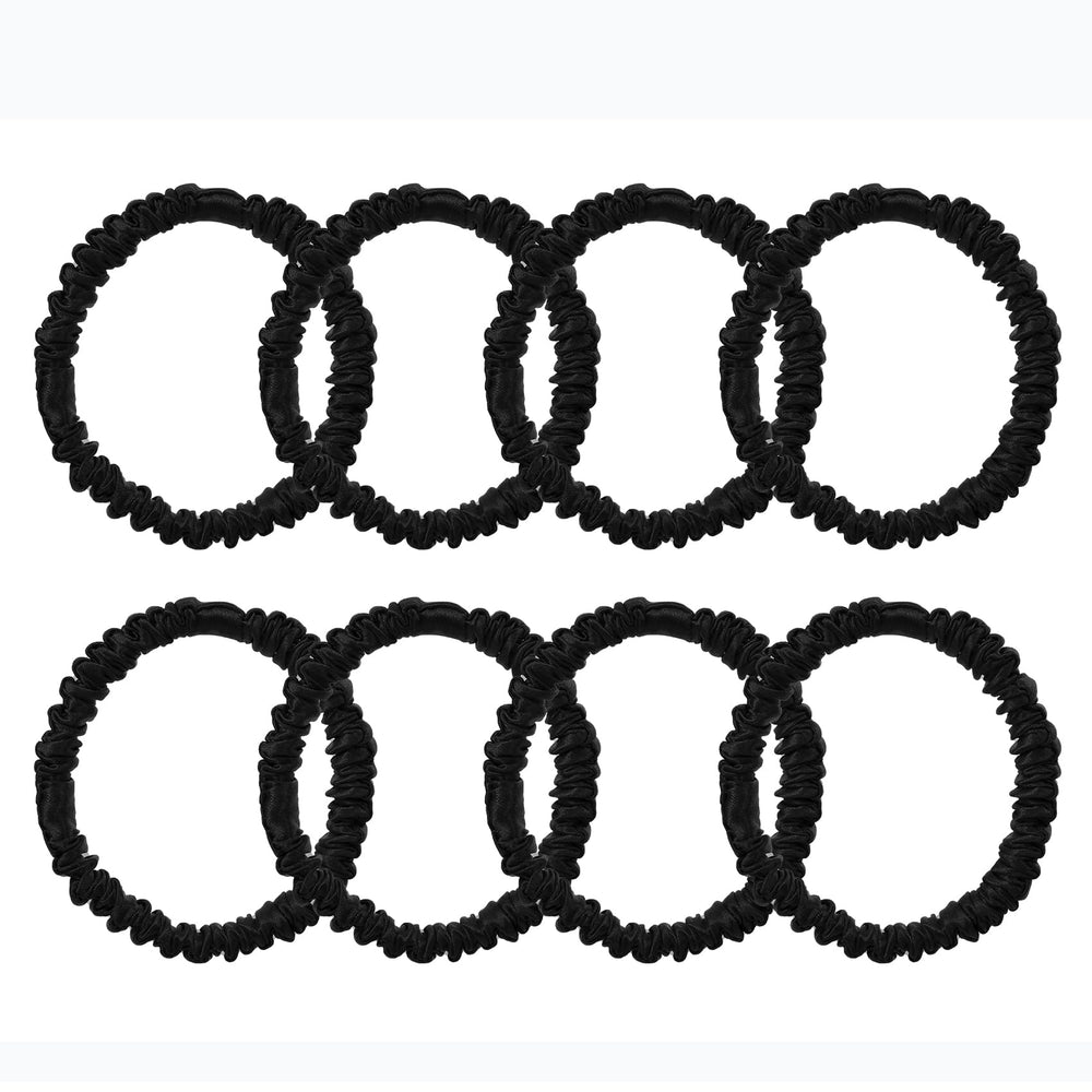 Uisgong front packaging showing eight black silk scrunchies, elegant and versatile