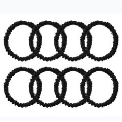 Uisgong front packaging showing eight black silk scrunchies, elegant and versatile