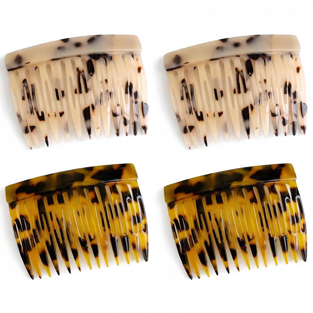 UKSKS front view of four tortoise-shell combs showing compact packaging and polished finish