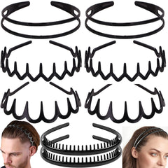 ULTIMUTE front view of eight lacquered black headbands showing neat package and benefit of variety