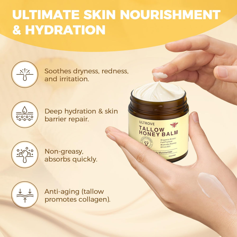 Ultrove ingredients flatlay with grass-fed tallow and raw wild honey for natural benefits