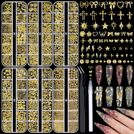 Umillars front view of six-box gold nail charms kit showing variety
