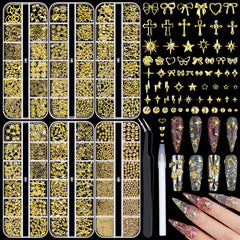 Umillars front view of six-box gold nail charms kit showing variety