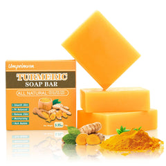 Umpeimvon turmeric soap front packaging showing three bars and net benefits