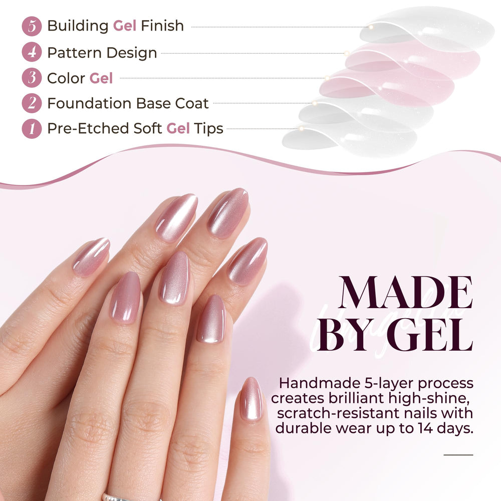 UNA GELLA almond-shaped nails laid out to show 16 size variety