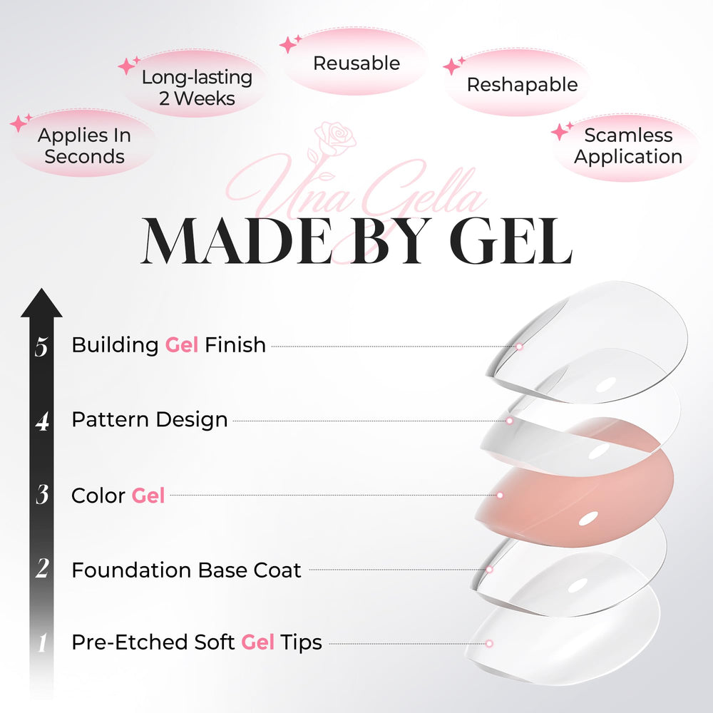UNA GELLA application kit laid out with glue, tabs, file for easy use
