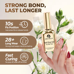 UNA GELLA brush applying gel to a press-on tip for neat, controlled placement