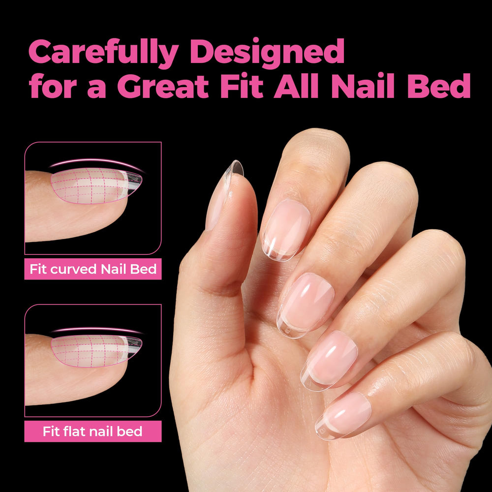 UNA GELLA clear full-cover tip held in hand to show flexible, no-trace finish