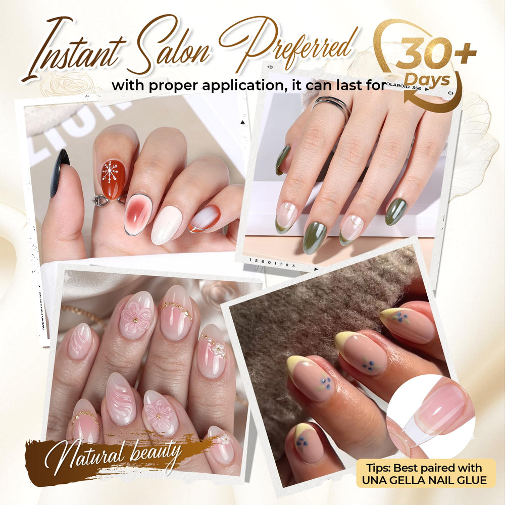 UNA GELLA close-up of clear short almond tip texture for smooth polish application