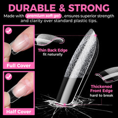 UNA GELLA clear squoval tips fitted on hand model demonstrating natural look and easy painting