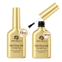 UNA GELLA front bottles showing product and benefits of strong adhesion