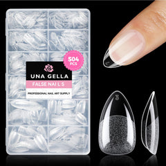 UNA GELLA front packaging showing 504 short almond tips and kit benefits