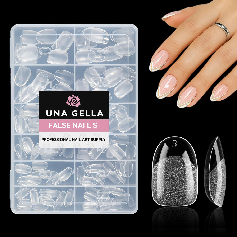 UNA GELLA front packaging showing 216-piece short oval gel tips, organized kit benefit
