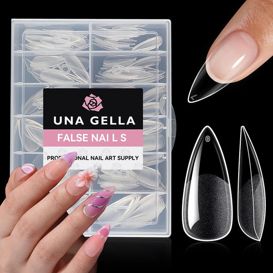 UNA GELLA front packaging showing 216-piece stiletto set and organization benefit