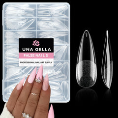 UNA GELLA front packaging showing 216 stiletto gel tips and benefits
