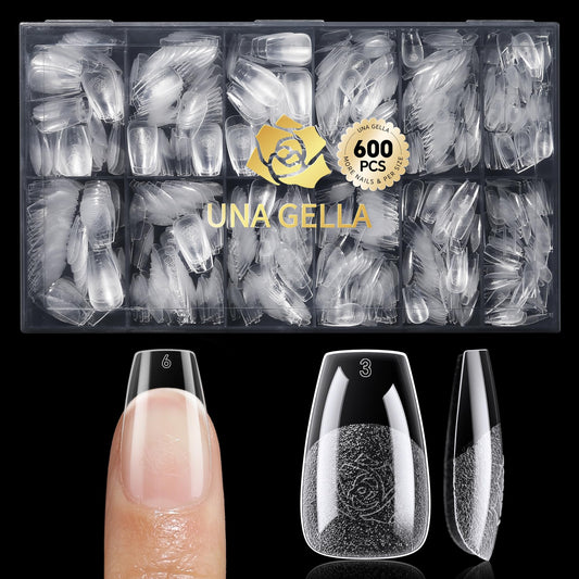UNA GELLA front packaging showing 600 short coffin gel tips and storage box for convenience