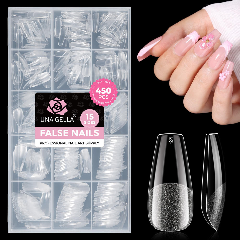 UNA GELLA front packaging showing 450 clear coffin gel tips and brand benefits