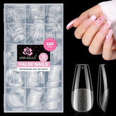 UNA GELLA front packaging showing 450 clear coffin gel tips and brand benefits