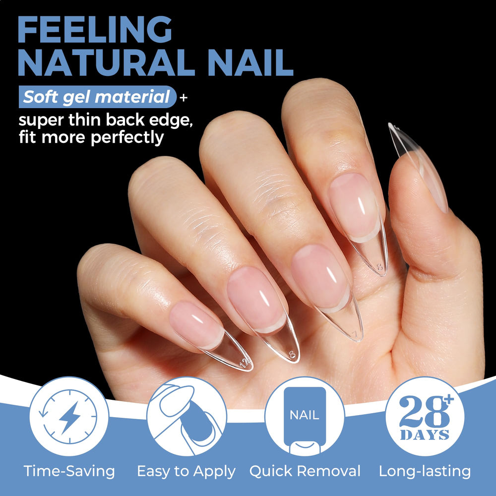 UNA GELLA hand wearing stiletto tips demonstrating natural fit and style benefit