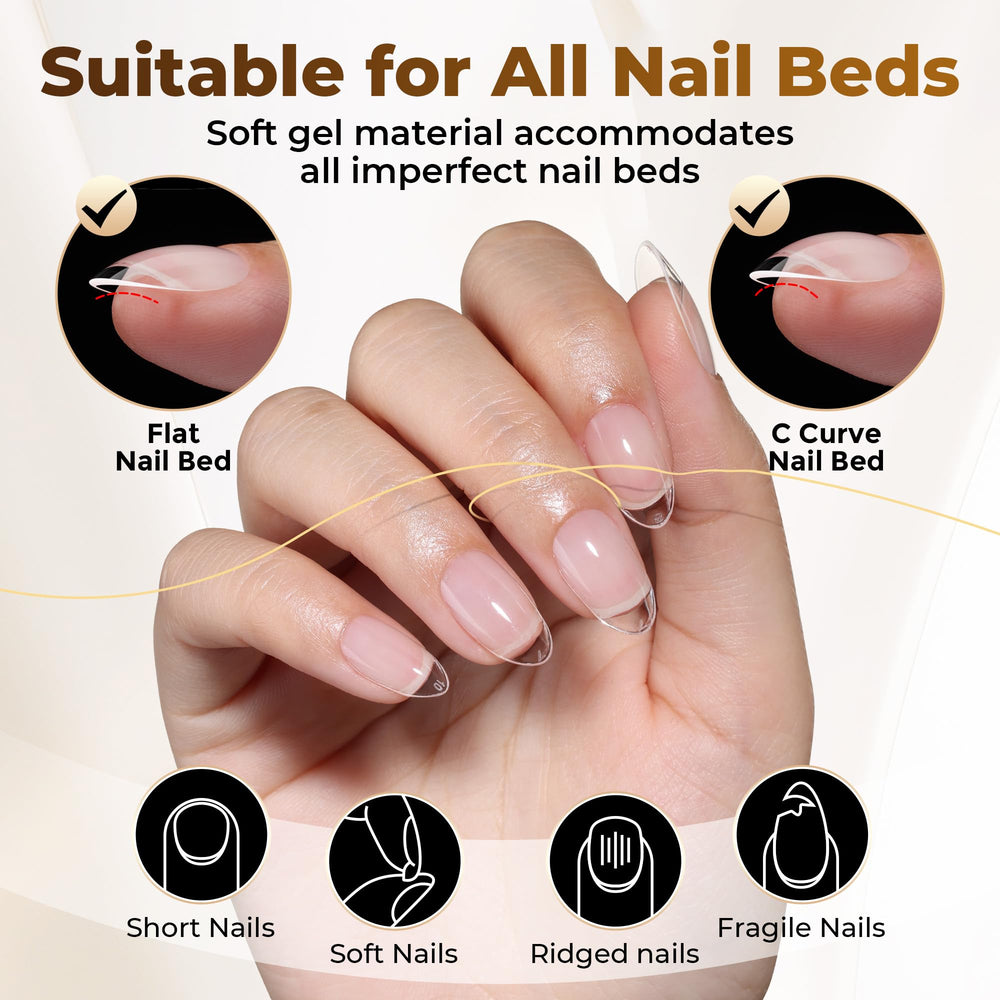 UNA GELLA tips in hand to show scale and natural-looking short almond length