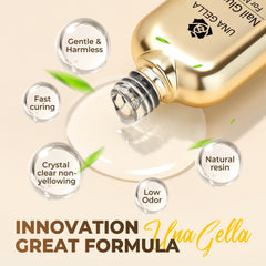 UNA GELLA bottle on salon table illustrating professional use and time-saving workflow