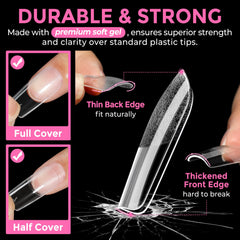 UNA GELLA model applying press-on tip for fast home manicure benefit