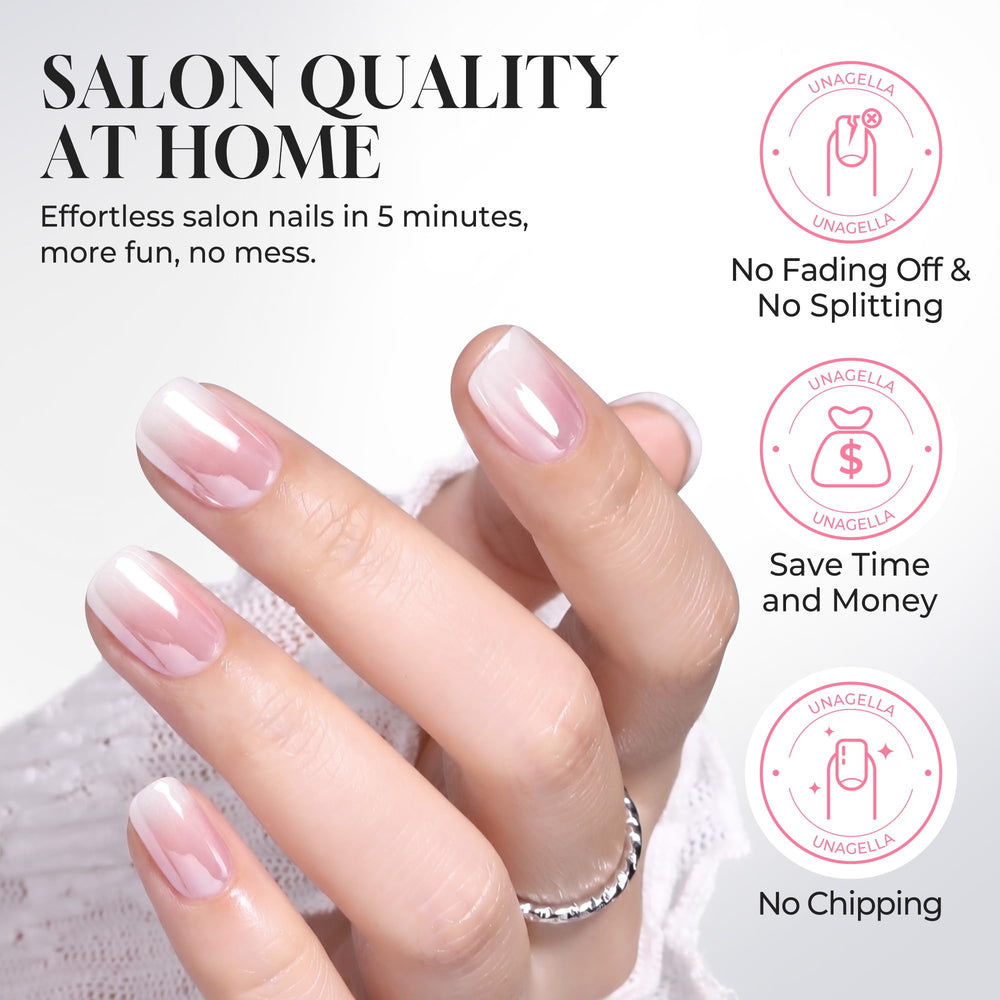 UNA GELLA nails worn on hand demonstrating short square shape and polished everyday style