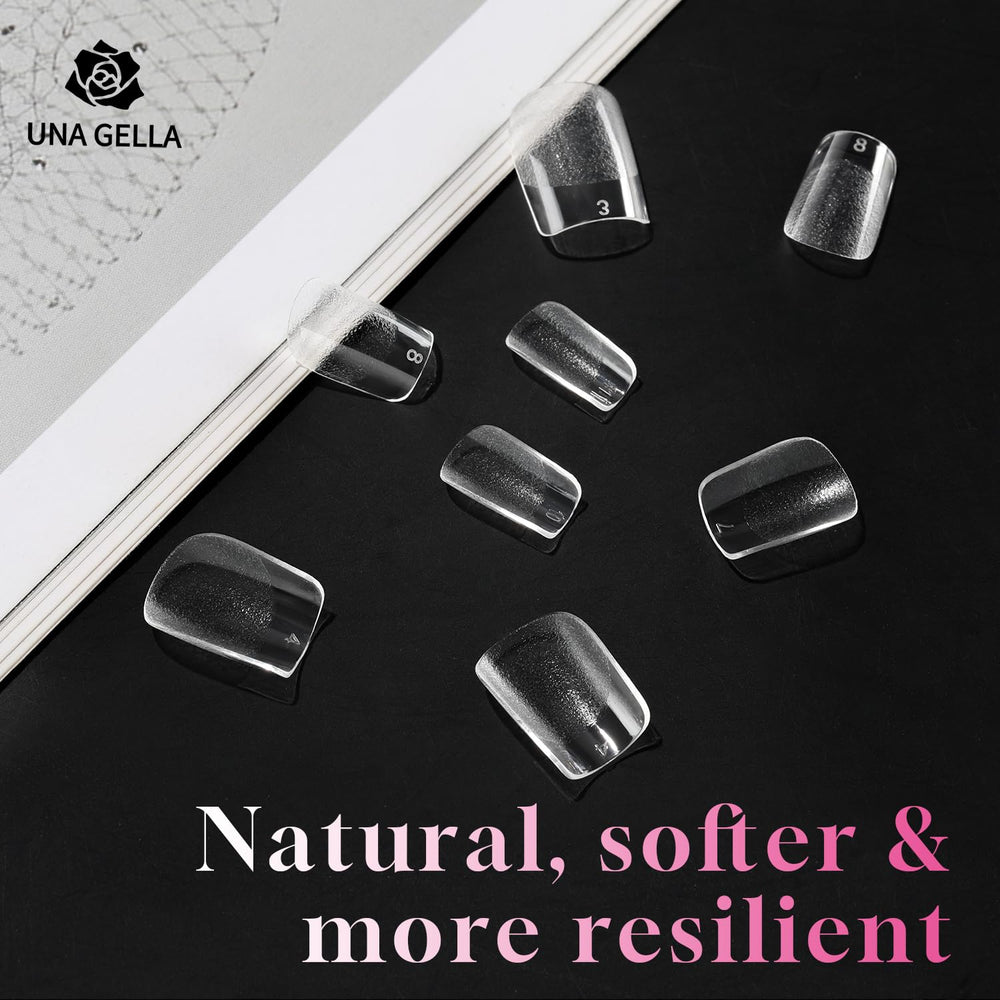 UNA GELLA tip applied on a natural nail demonstrating smooth full cover