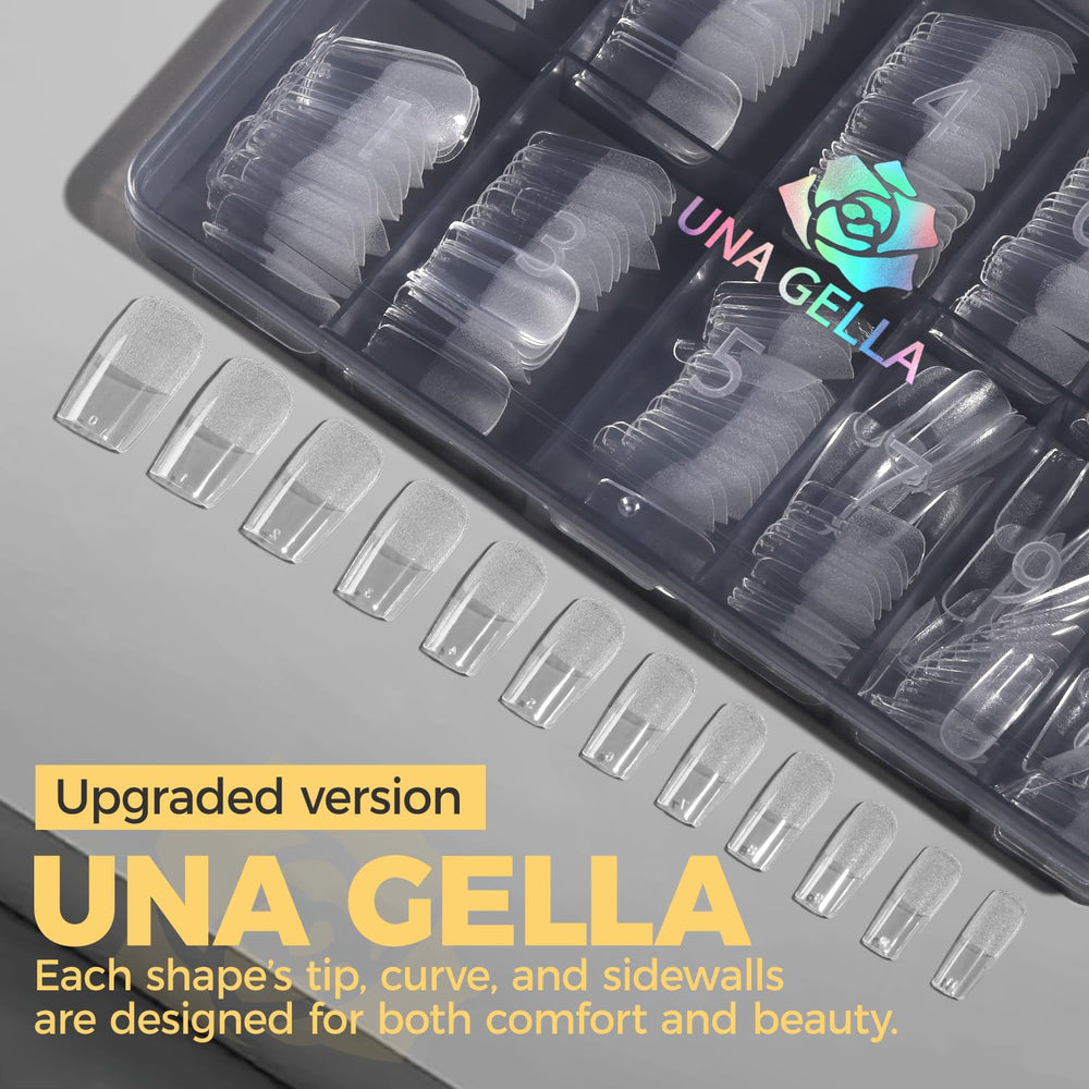 UNA GELLA tips held next to fingers showing realistic scale and fit