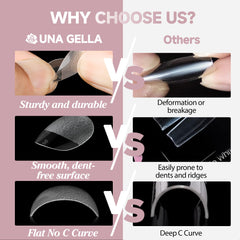 UNA GELLA tips next to a hand for scale showing short oval ergonomic fit benefit