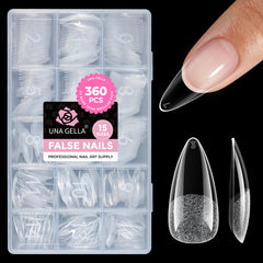 UNA GELLA front packaging showing the 360-piece stiletto set and easy storage