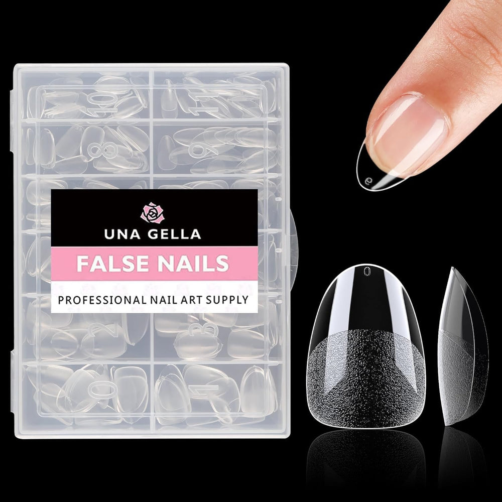UNA GELLA trimmed and painted short almond nails shown in lifestyle setting for polished look
