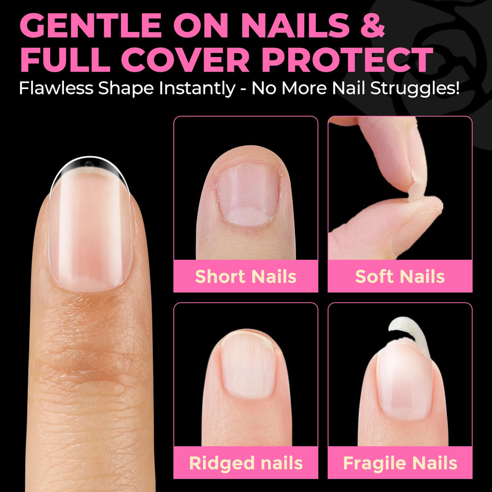 UNA GELLA tips beside a finger for scale to demonstrate extra-short, natural length benefit