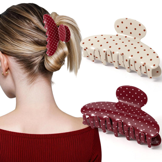 Unbednigt front view of red and beige polka dot clips showing design and pair convenience