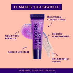 UNICORN SNOT gloss applied on lips showcasing holographic purple shine and plumping effect