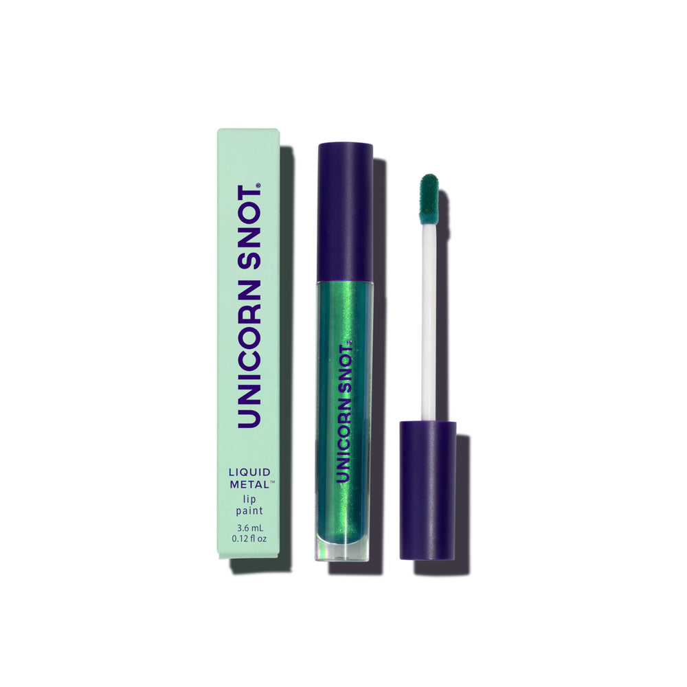 UNICORN SNOT Mist Kelly Green lip paint front shot showing vibrant metallic finish and precise applicator