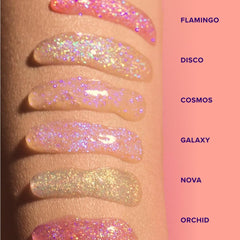 UNICORN SNOT texture swipe on arm showing holographic glitter and glossy finish benefit