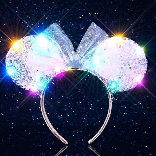 Unicra silver sequin headband front view showing ears and tiara bow, sparkly accent