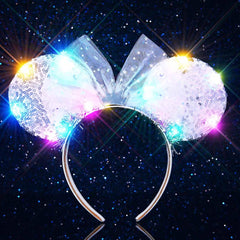 Unicra silver sequin headband front view showing ears and tiara bow, sparkly accent