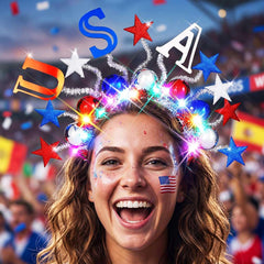 Unicra headband front view showing patriotic design and LED lights benefit visibility