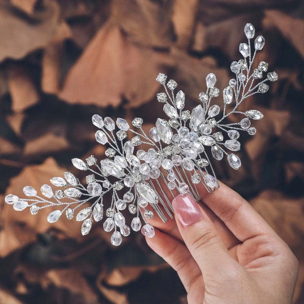 Unicra front view of silver bridal comb showing elegant shape and sparkle