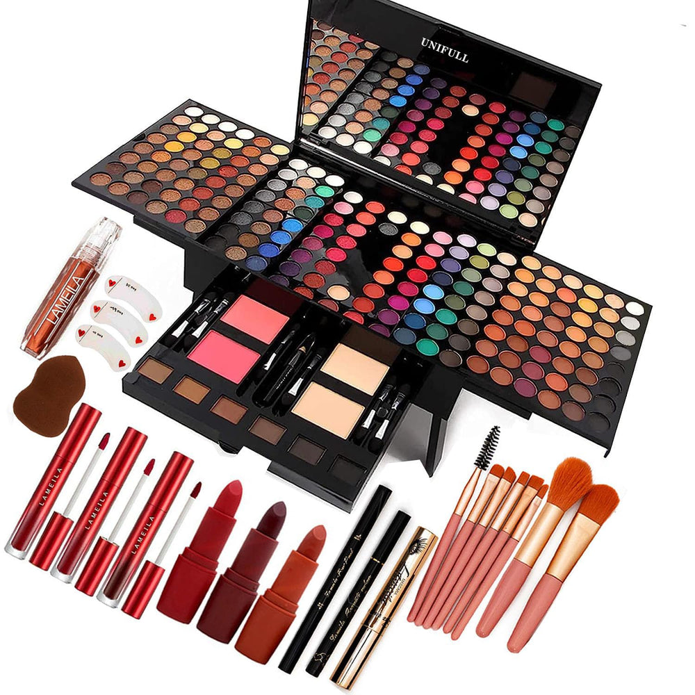 UNIFULL front view open palette showing organized shades and mirror for easy application