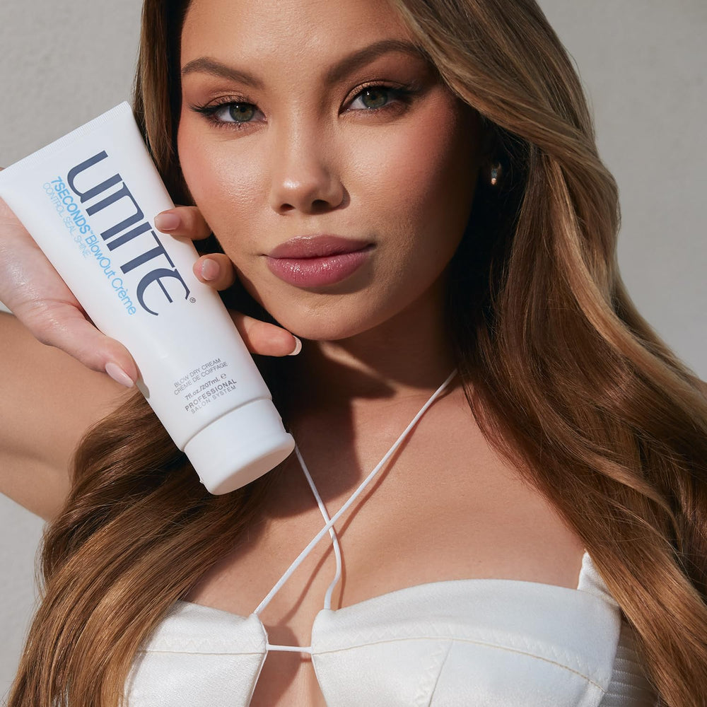 UNITE 7SECONDS used in salon setting demonstrating prolonged blowout and shine